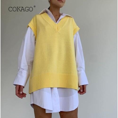 COKAGO Solid Knit Women Sweater Vest 2021 V Neck Pullover Sweaters Top Autumn Winter Sleeveless Waistcoat Pull Femme Waistcoat
