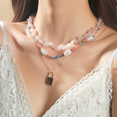 3 Pcs/Set Bohemian Pink Natural Stone Chain Multicolor Glass Beaded Necklaces For Women Gold Metal Chain Lock Pendant Necklace