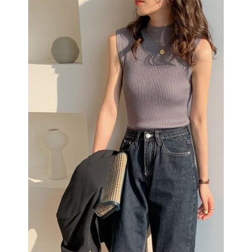 Half High Collar Sexy Tank Tops Women Sleeveless Knitted Vest Female Elasticity Solid Slim Pullover 2021 Summer Solid Bottoming