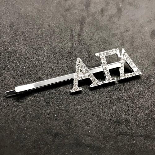 Transparent rhinestone inlaid metal ALPHA GAMMA DELTA letter hairpin Greek society sorority fraternity fine hair accessories