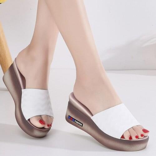 Mid Heel Platform Slipper Shoes for Women Summer Woman Leather Sandals Shoes Heel High 6.5 Ladies Slides Slipper Beach Sandal