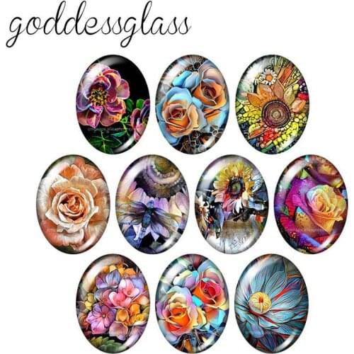TB0216 Oil paintings Rose Lily 10pcs mixed 13x18mm/18x25mm/30x40mm Oval photo glass cabochon demo flat back Making findings