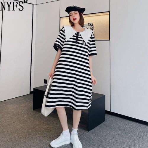 NYFS Summer Dress 2021 Korean New Loose Short Sleeve Woman Dress Vestidos Robe Elbise Fashion Polo collar Stripes Dresses