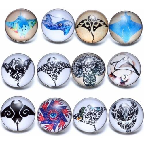 12pcs/lot Devil Ray Mobula Theme Glass Charms 18mm Snap Button Jewelry For 18mm Snaps Bracelet Snap Jewelry KZ0690b