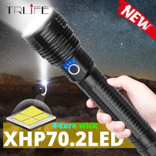 4 Cores Powerful XHP70.2 LED Flashlight USB Rechargeable Waterproof Tactical Torch with Power Display Telescopic Zoom Light