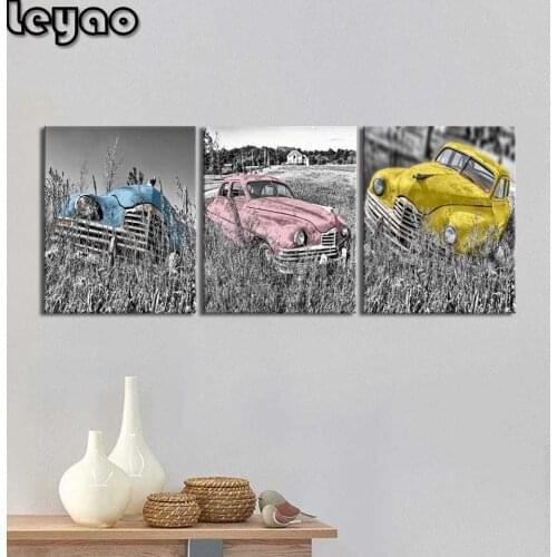 Diamond Painting 3 Piece Colorful Vintage Car Picture Black and White Art Rustic Country Style Triptych Full Diamond Embroidery