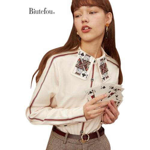 【Biutefou】Original Design 2021 Spring and Autumn Women Fun Playing Cards Printed Stripe Shirt
