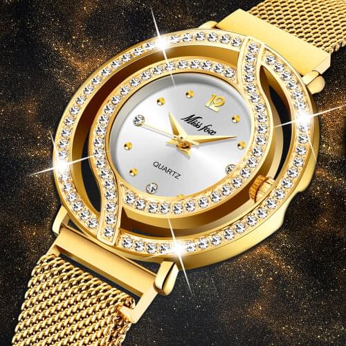 MISSFOX Hollow Watch For Women Milan Mesh Band Full Diamond Watch Ladies Gold Luxury Fashion Rado Wrist Watch Male Clock Hours