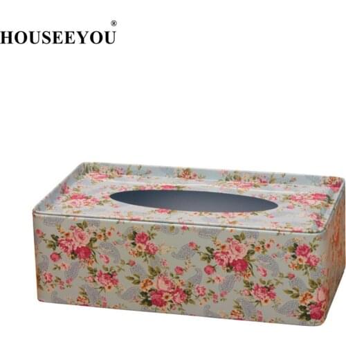 Floral Printing Rectangular Metal Tissue Box Napkin Case Paper Dispenser Rack for Home Bar Restaurant Car Office Decoration
