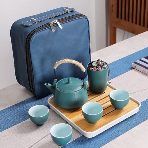 Travel Tea Set Tea Tray Simple Loop-Handled Teapot Bamboo Tea Cup Complete Set Japanese Hotel Household Business Gift