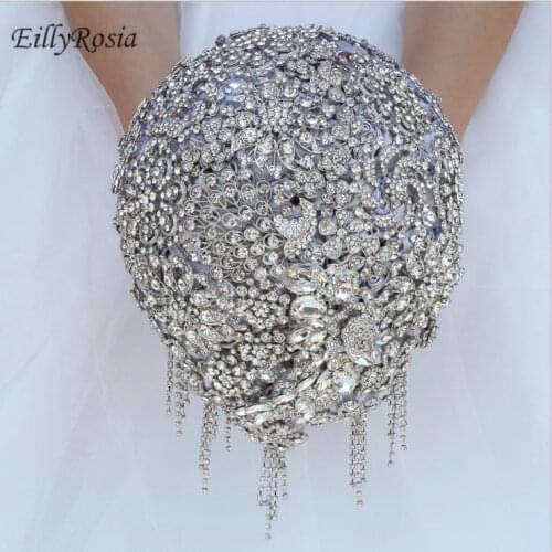EillyRosia Crystals Jewelry Brooch Wedding Bouquet Silver Gray Sequined Tassel Luxury Bridal Bouquet Customized Color New