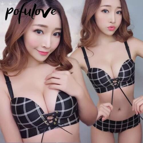 Women Sexy Plaid Bras Set Push Up Bra and Panty Sets Front Bandage Seamless Wireless Lingerie Bralette Female Brassiere 32a 75 B