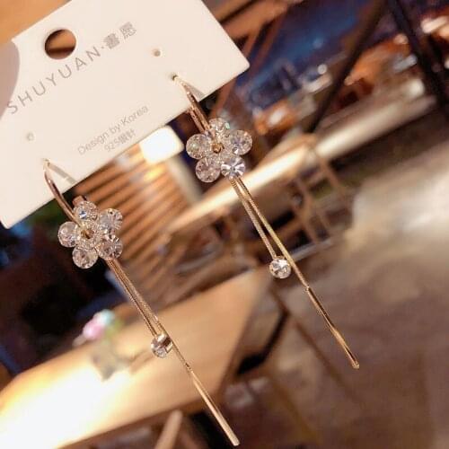 Korean Fashion Rhinestone Flower Tassel Dangle Earrings for Women Water Drop Crystal Flower Long Pendant Earrings Party Jewelry
