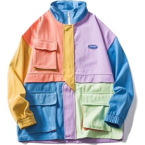 2021New Hip Hop Patchwork Stand Collar Jacket Men 3D Pocket Tooling Coats Full Zipper Loose Brand Clothing Bomber Jackets Male