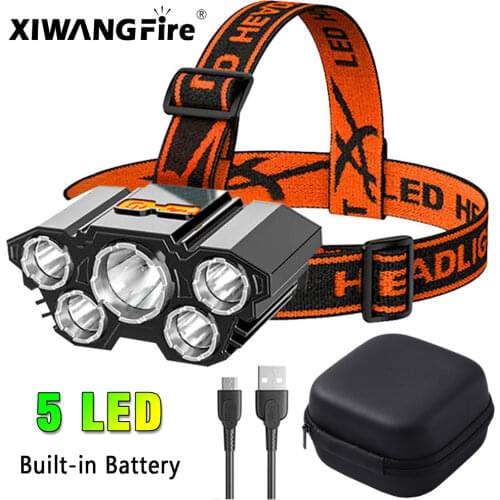 Xiwangfire Built-in Battery 5 LED Headlamp USB Rechargeable Portable Headlight Lantern Torch for Outdoor Work Camping Fishing
