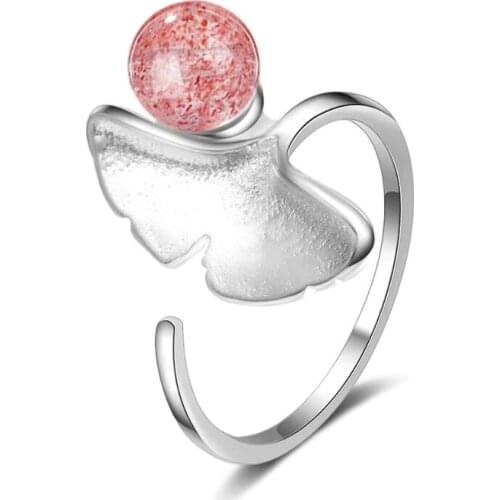 New Exquisite Strawberry Crystal Ginkgo Leaf Opening Rings For Women 925 Sterling Silver Jewelry Accessories Party Gifts SAR110