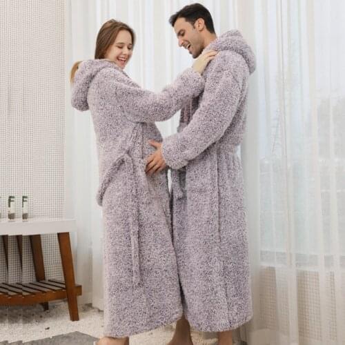 New Winter Coral Velvet Hooded Night Robe Men And Women Loose Nightgown Thick Warm Couple Sleepwear Bathrobe Lover Home Clothes