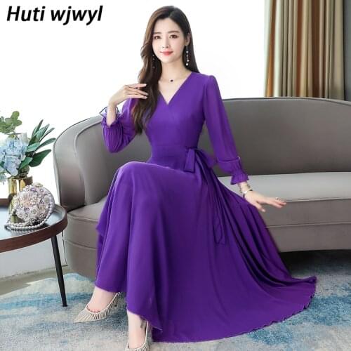 Autumn Winter Pink Vintage Solid Casual Midi Dress Plus Size Chiffon Boho Maxi Dress 2021 Women Party Long Sleeve Black Vestidos