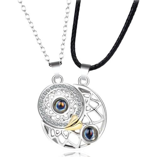 Sun Moon Shape Couple Necklaces Wedding Birthday Jewelry 100 Languages I Love You Projection Magnet Pendant Necklace Gifts