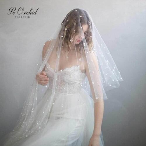 PEORCHID 2020 Short Wedding Veils Pearls With Comb Two Layers White Soft Tulle Bridal Veil For Church Hochzeit Schleier