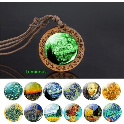 Glow In The Dark Van Gogh Art Oil Paintings Necklace Art Glass Cabochon Jewelry Starry Night Sky Pendant Necklace Creative Gift