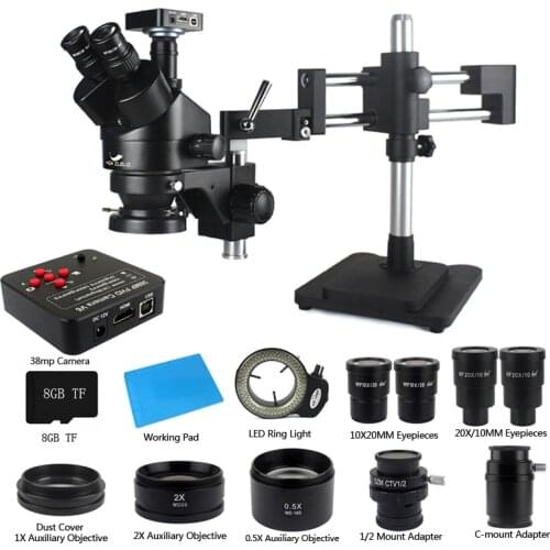 Full HD Trinocular Stereo Microscope 180X Magnification, 2X/0.5X Objective Double Arm Boom Stand Includes 38MP 2K HDMI Camera