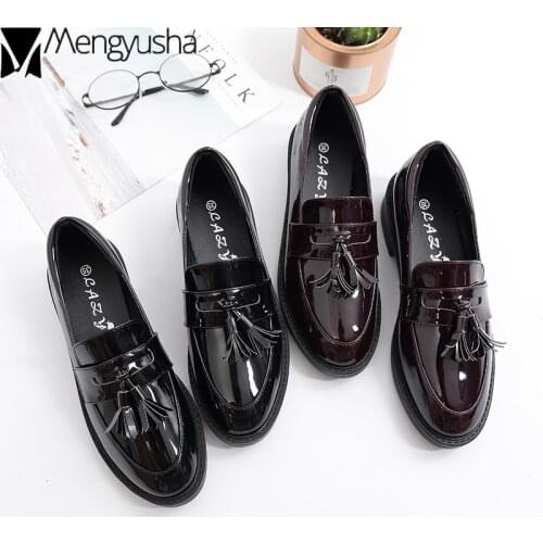 European british single shoes woman trendy brief thick heels tassel flats soft leather glossy round toe loafers non-slip female