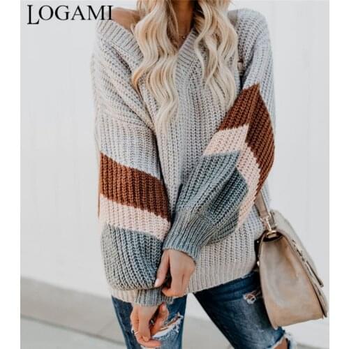 LOGAMI V Neck Striped Sleeve Knit Sweater Women Loose Pullover Fall Sweaters and Pullovers Female Fashion New