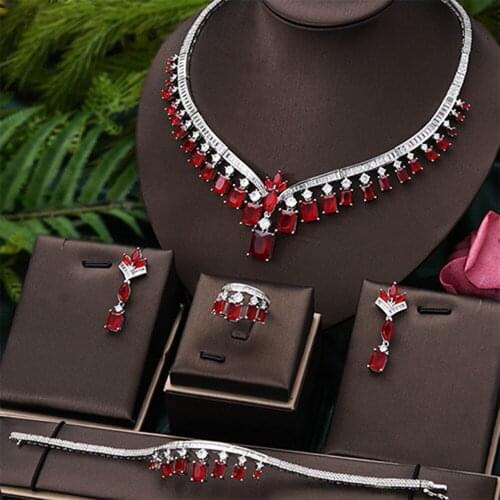 Blachette Luxury Refined Elegant Bridal Wedding 4 PCS Naija Jewelry Sets Cubic Zirconia Necklace Bracelet Earrings Ring set