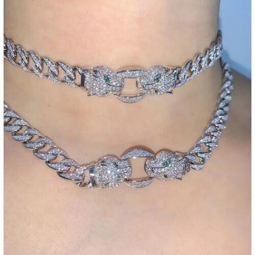 2021 Iced out bling hip hop women jewelry micro pave 5A CZ Cool animal design Leopard Jaguar charm cuban chain choker necklace