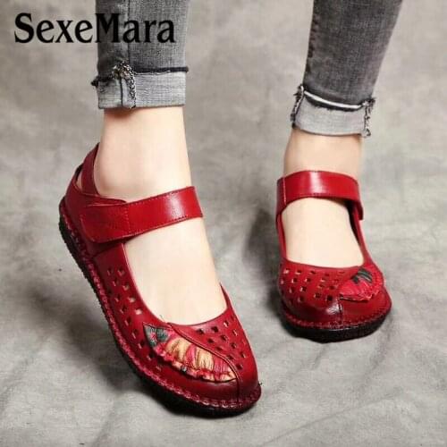 SexeMara Ballet Summer Hollow Breathable Women Genuine Leather Shoes Flat Flexible Round Toe Pregnant Nurse Casual Ladies Shoes
