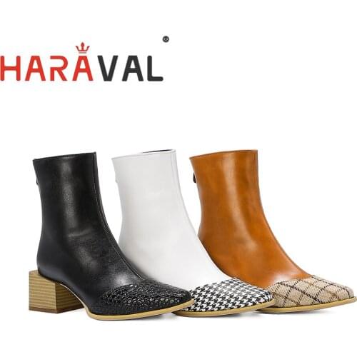 HARAVAL Ankle Boots Shoes Women PU Leather Black White Yellow Fashion Boots Shoes spring Autumn Winter Pointed Toe Shoes E23L