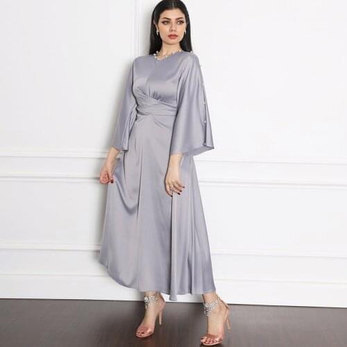 Siskakia Soft Satin Maxi Dress for Women Grey Dubai Arabic Quality Kaftan Abayas Fashion Muslim Self-Belted Robe Fall 2020 New