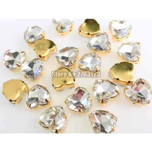 Golden bottom white heart shape AAA Glass Crystal sew on claw rhinbestones with holes use for diy/Clothing accessories