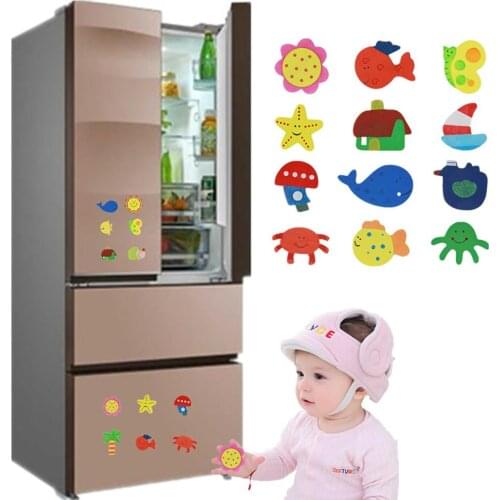 12Pcs Wooden Cartoon Sun Fish Fridge Magnet Stickers Education Kid Toy Art Decor