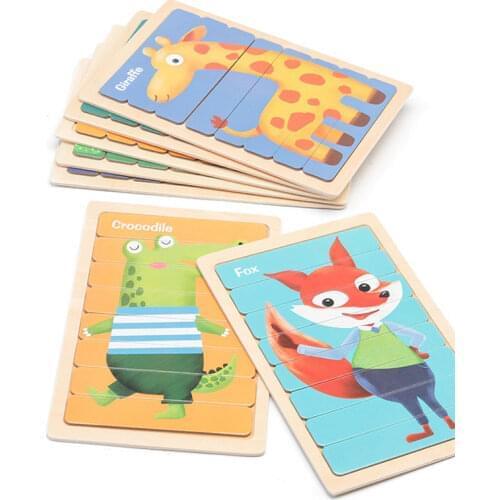 Animals 3D Puzzle Montessori Wooden Jigsaw Puzzles For Kids Double-sided Story Puzzle Educational Toys For Children 2-5 Years