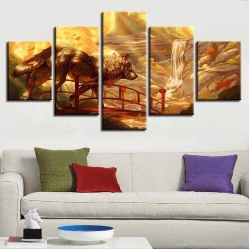 5 Piece Wall Art Canvas Anime Manga Prints Wolf & Mountains Posters And Pictures Home Modern Decoration Living Room Paintings