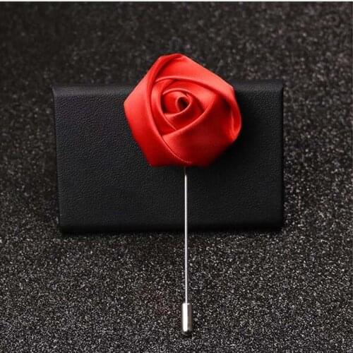 50Pcs/Lot Red Best Man Groom Boutonniere Silk Satin Rose Flower men buttonhole Wedding Party Prom Man Suit Corsage Pin Brooch