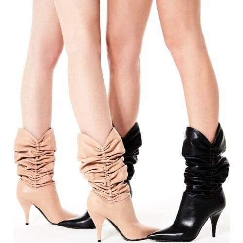 ASHIOFU New Classic Ladies High Heel Boots Pleated Leather Sexy Party Prom Ankle Boots Evening Club Fashion Plus Size Boots