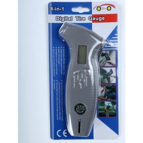 8in1 Digital LCD Car Tire Gauge Meter Portable Car Tire Tread Depth Safe Hammer Emergency Lighting Pressure Relief Valve Compass