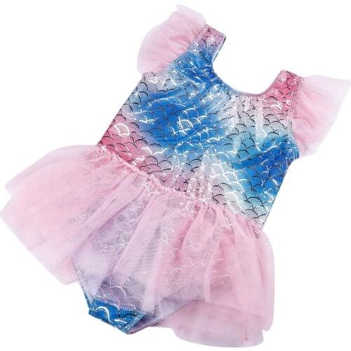 2021 Kids One-Piece Swimsuits Girls Fish Scale Print Round Neck Fly Sleeve Bathing Suit for Summer Pink/Blue