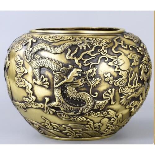 H:15cm Marked Chinese Bronze Statue Feng Shui Two Dragon Play Bead crock Pot incense burner
