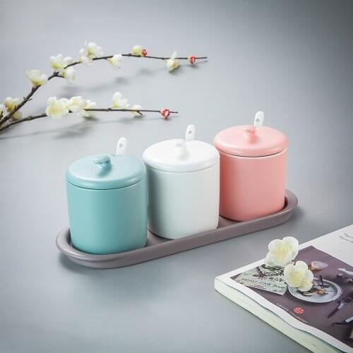 Ceramic Sugar Bowls Condiment Pots Salt Container Spice Jars Seasoning Box Set with Lid Spoon and Tray-Sets of 3