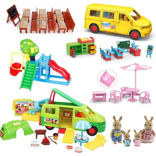 Forest Animal School Bus Desk 1:12 Tent Toy Bus Set Brown Rabbit School Desk Girl Pretend Play House Amusement Park Kids Toys