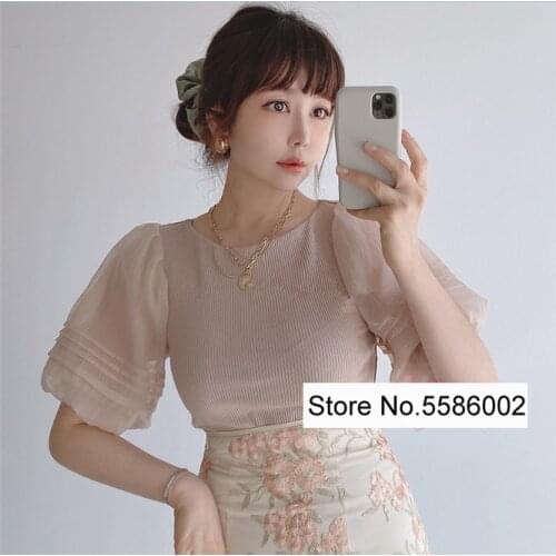 Ladies Sweet Little Cute Tulle Patchwork Pleated Puff Short Sleeve Round Neck Knitted Top