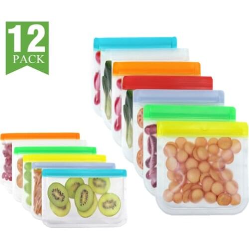 12pcs Reusable Freezer Bags PEVA Leakproof Ziplock Food Storage Bags with 2 Sizes for Pouch Kitchen Vegetable Fruit Meat Snacks