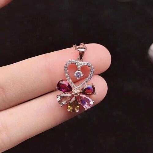 Fashion Silver Heart Pendant with Gemstones 100% Natural Tourmaline Necklace Pendant Solid 925 Silver Tourmaline Jewelry