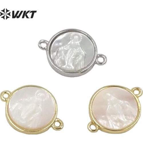 MP170 Religious design gold metal bezel pendant white shell tiny charm jesus connector pendant double hooks women jewelry shell