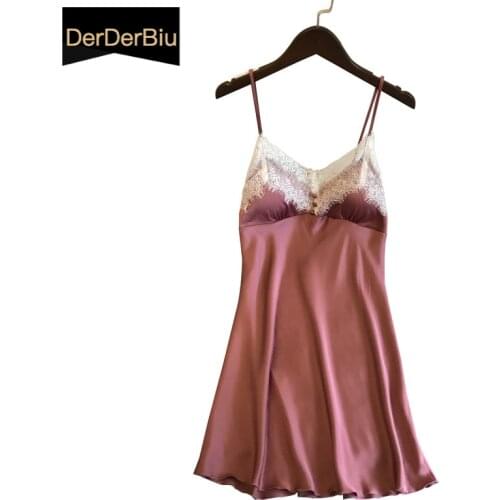 New Sexy Sleepwear Soft Sleepdress Deep V Lace Lingerie Faux Silk Night Dress Women Spaghetti Strap Nightgown Satin Homewear