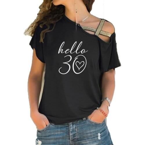 Hello 30 New Arrival Print Funny Summer Teeshirt Women Short sleeve Loose Irregular Skew Cross Bandage Tops Tee